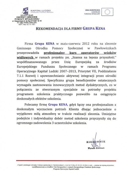 Kursy zawodowe: wózki widłowe, podesty, suwnice - referencje Grupa KENA